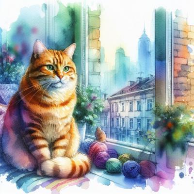 chat roux à la fenêtre d'un appartement