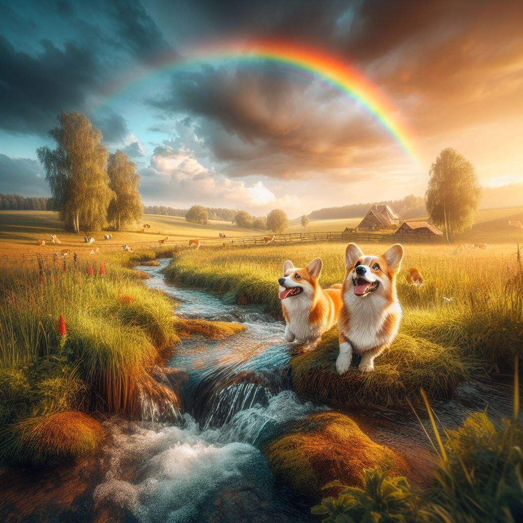 Arc en ciel  et chiens Corgi