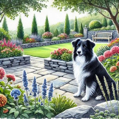 Un chien Border Collie assis sur une terrasse
