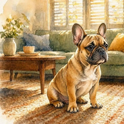Bouledogue Français au salon plante verte