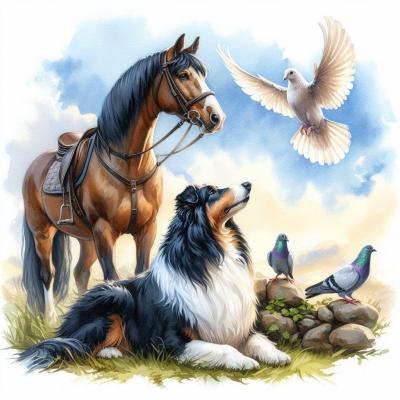 Cheval, chien, pigeon et colombe