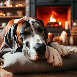 Chien Dogue Allemand couché devant la cheminée