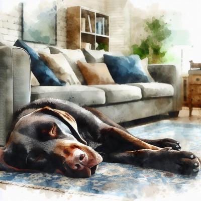 Chien couché sur le tapis du salon