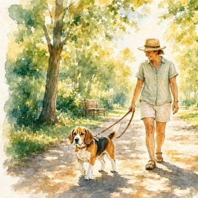 Ete balade d'un chien Beagle à l'ombre