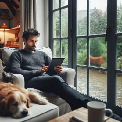 Lire la tablette près de la vitre avec son chien
