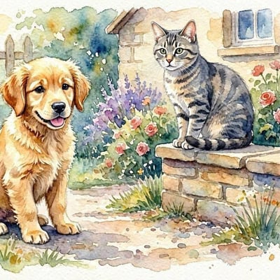 Chiot golden et chat tigré gris