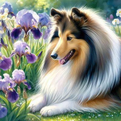 Un chien colley dans les Iris