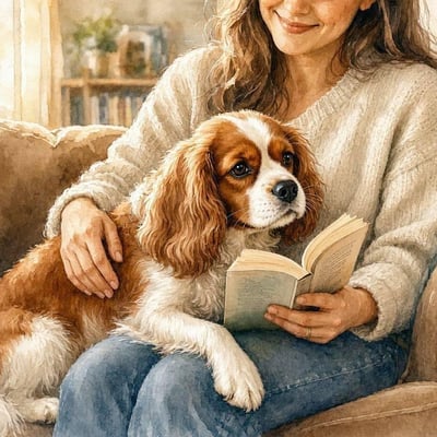 Lecture au chien Cavalier King Charles