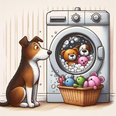 Machine a laver et chien regardant ses jouets