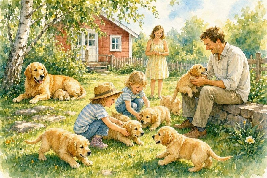 Portee Golden Retriever est au jardin  en famille