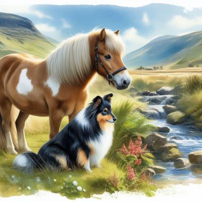 Shetland chien berger et poney