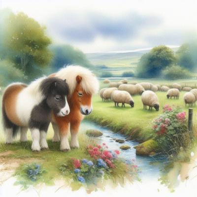 Poneys Shetland et troupeau de mouton