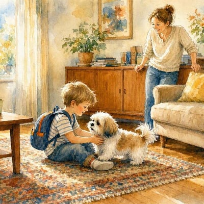 Shih tzu joue avec le garcon