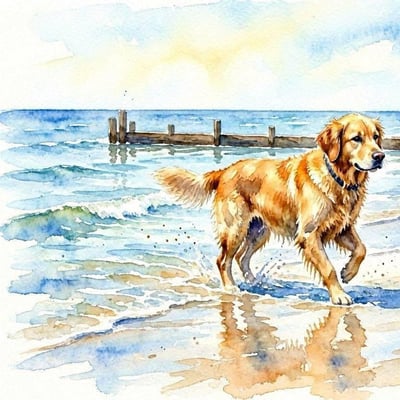 Chien Golden sort mer
