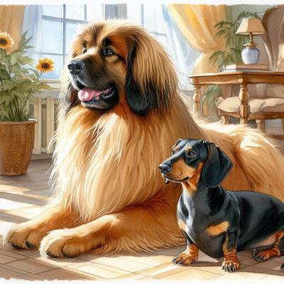 Teckel noir et feu avec un chien Léonberg
