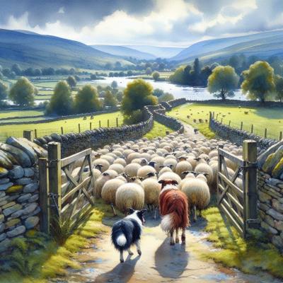Troupeau de mouton conduit par chiens Border Collie