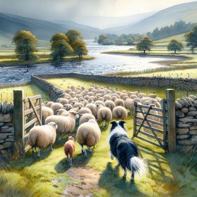 Troupeau conduit par un chien Border Collie