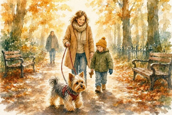 Yorkie au parc en famille